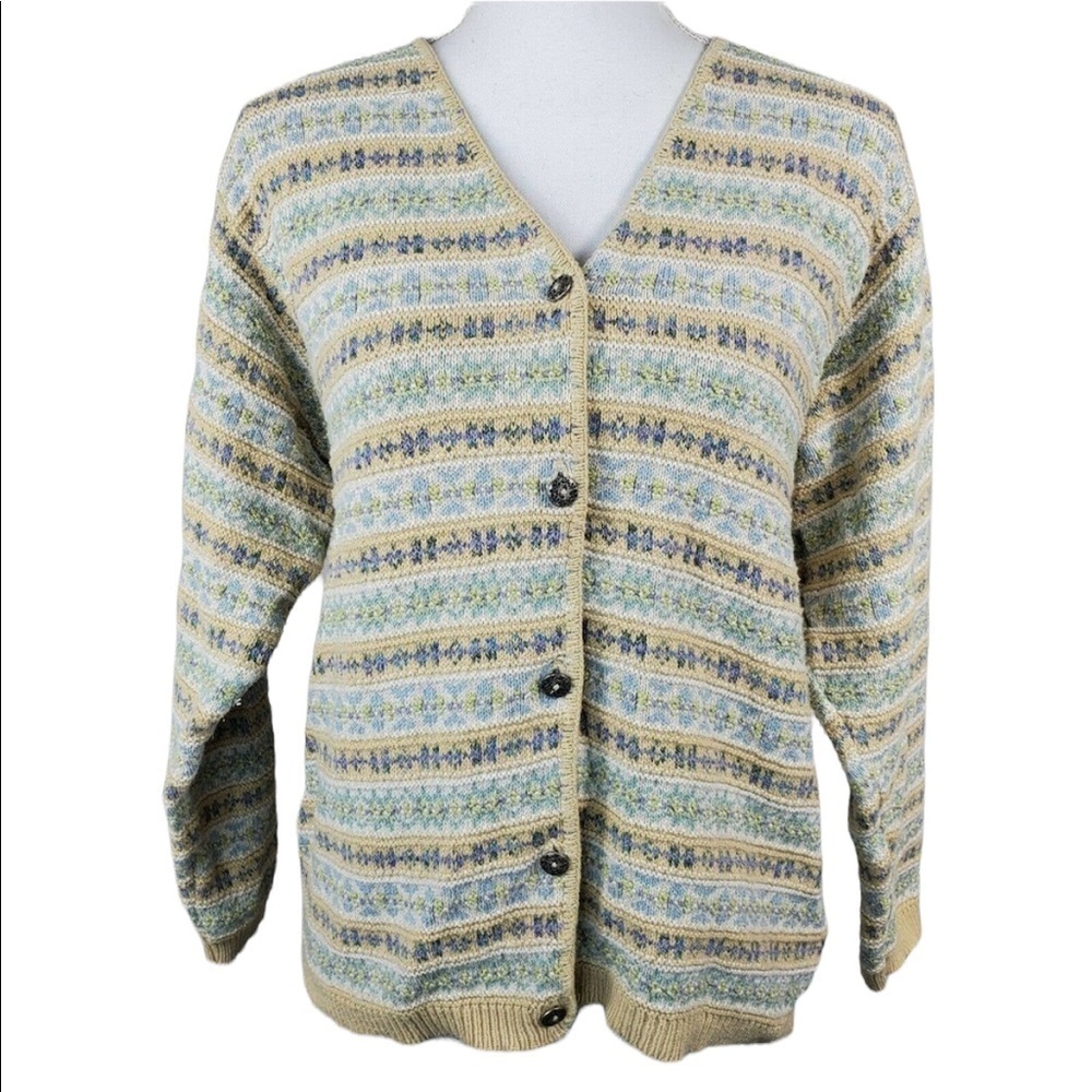 LL Bean Vintage Women's Cardigan Sweater Size S Yellow Fair Isle Cotton Linen